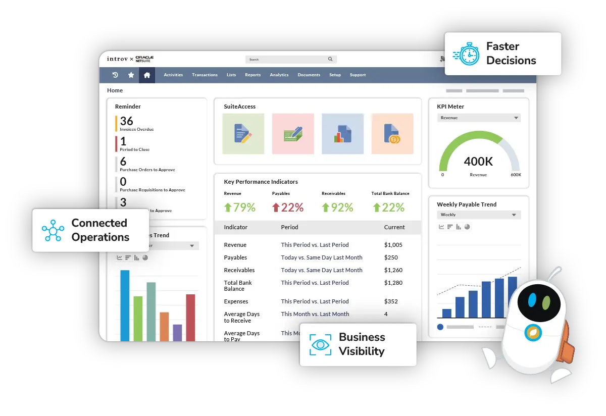 Oracle NetSuite ERP dashboard showing connected business performance