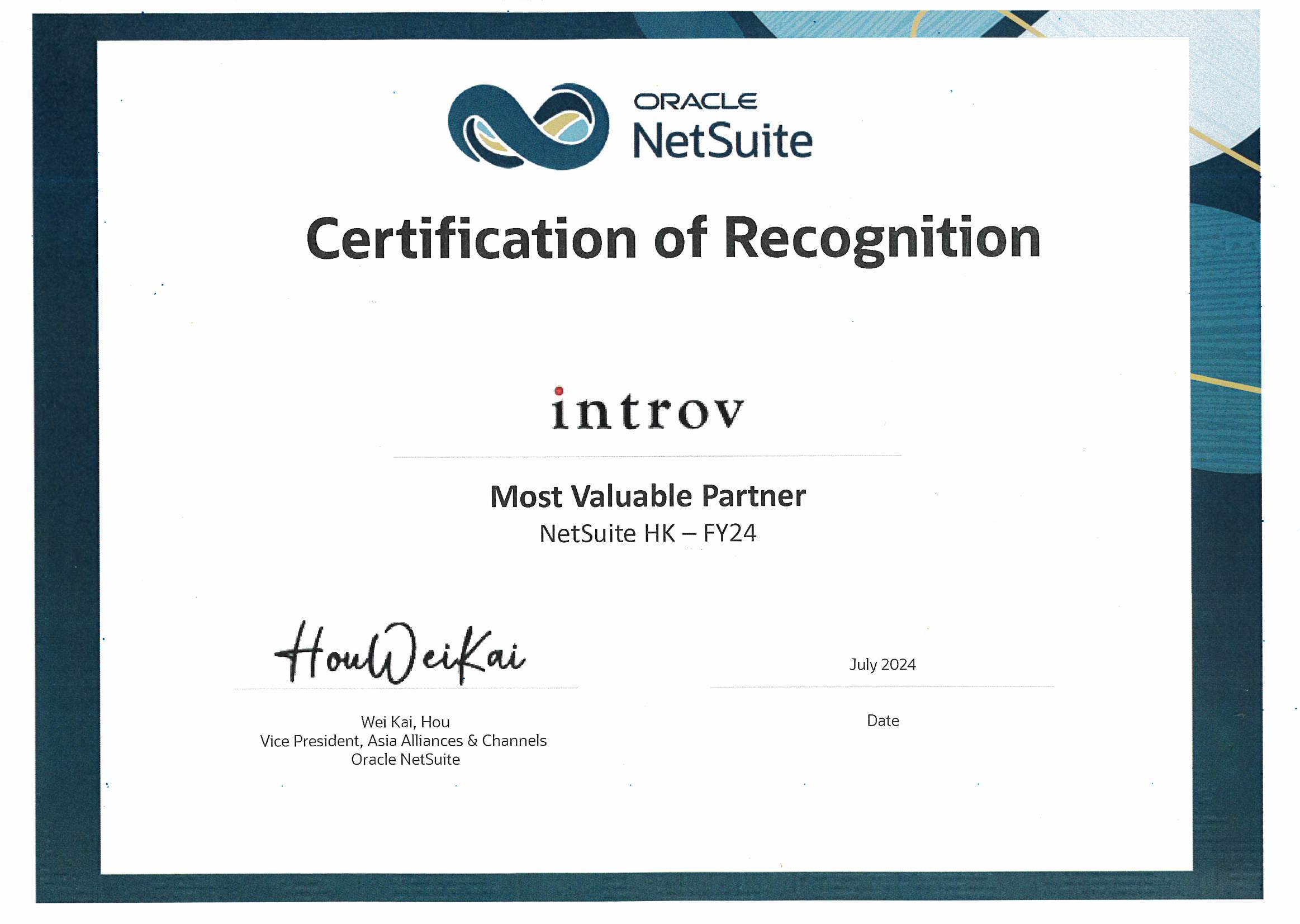 Introv Awarded the “Most Valuable Partner NetSuite HK FY24”